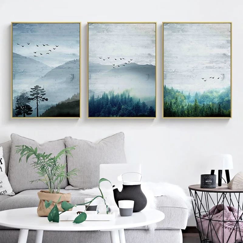 

Nordic Style Posters and Prints Forest Landscape Canvas Painting Nature Birds Modern Home Decoration Living Room Wall Artwork