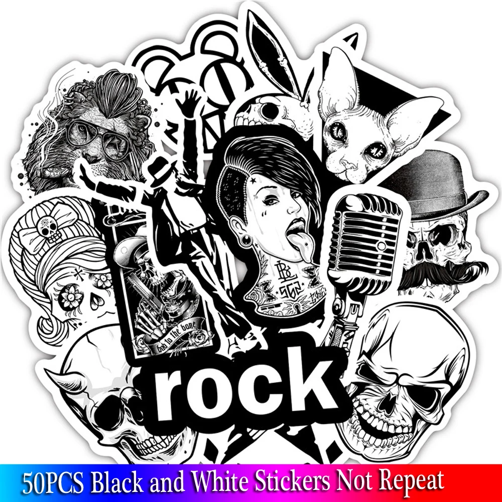 

50Pcs Black And White Stickers Horror Cool Skull Rock Sticker For Luggage Laptop Bicycle Motorcycle Laptop Toys Stickers Sets