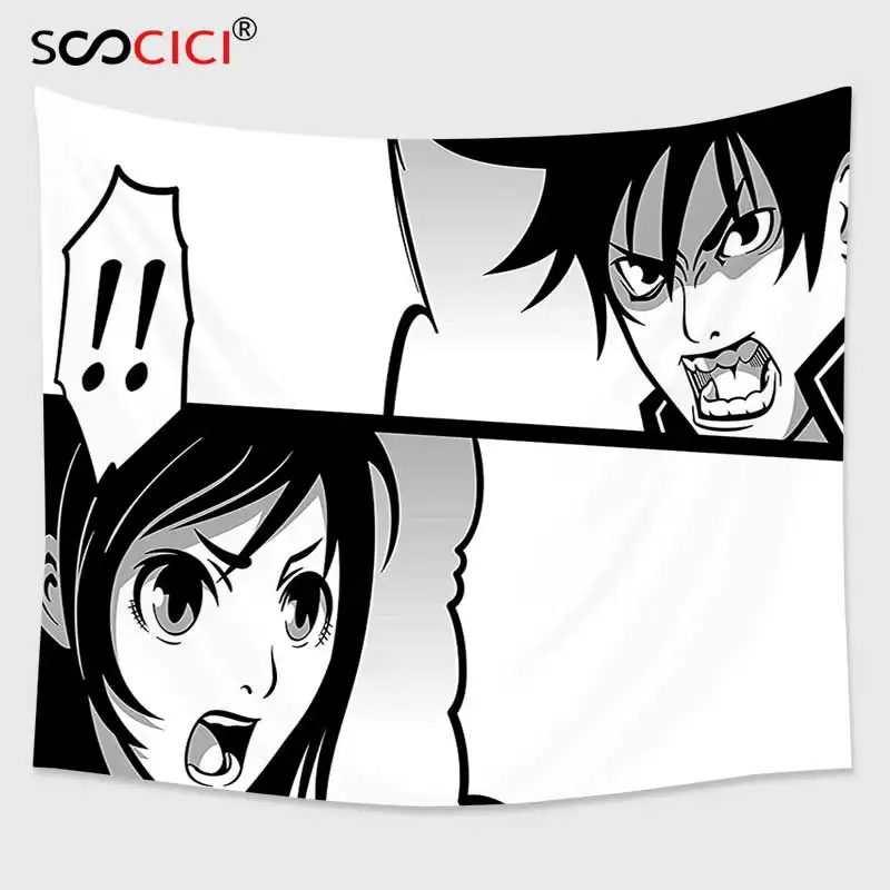 

Cutom Tapestry Wall Hanging,Anime Decor Japanese Comics Strip with Boy and Girl Fight Scene Manga Image Cartoon Print Black