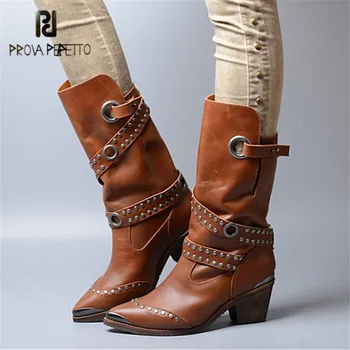 

Prova Perfetto Iron Pointed Toe Women Mid-Calf Boots Chunky High Heel Boot Rivets Studded Botas Platform Rubber Riding Boots