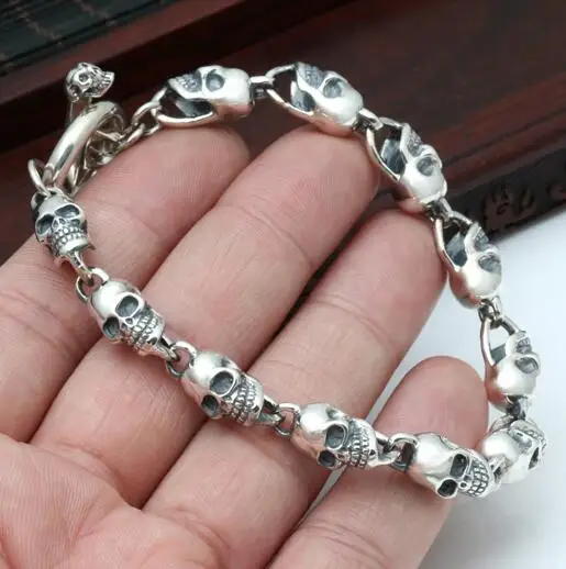 New 925 Silver Skeleton Bracelet Thai Skull Real 925 Silver Skeleton Bracelet Thai Skull Real Pure Vintage Style Punk Man Jewelry Gift In Chain Link Bracelets From