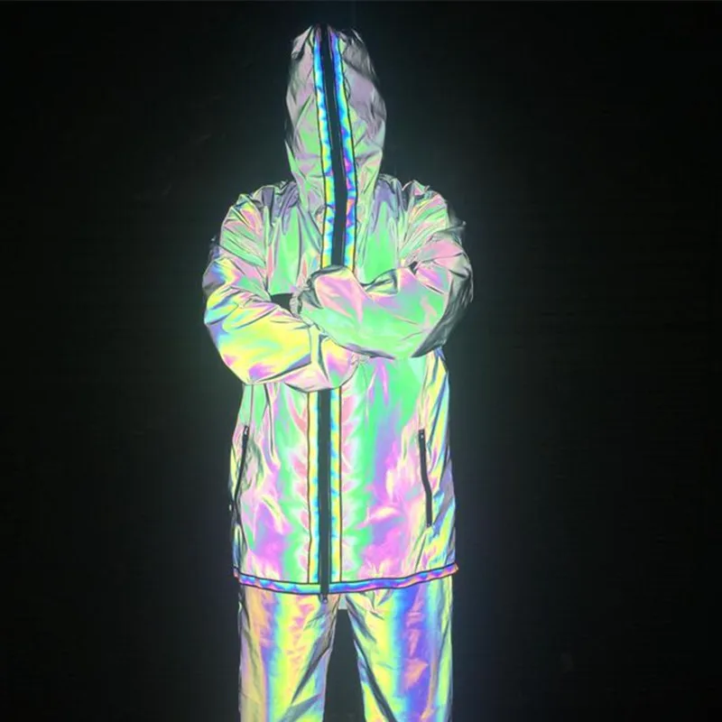 Autumn Winter Men Colorful Reflective Long Coat Irregular Zipper Cloak Ribbon Patchwork Trench Windbreaker Gothic Clothes