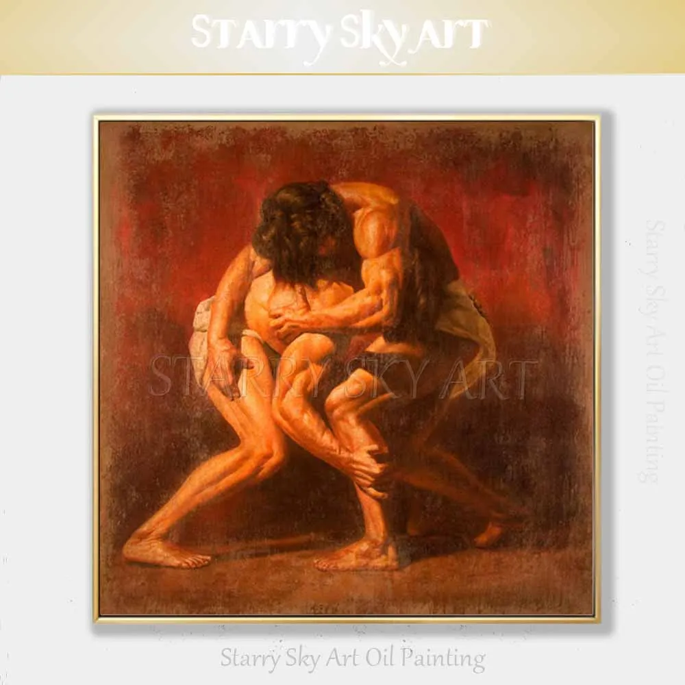 Skilled Artist Hand-painted High Quality Nude Man Male Figure Oil Painting Naked Strong Young Men Wrestler Portrait Oil Painting