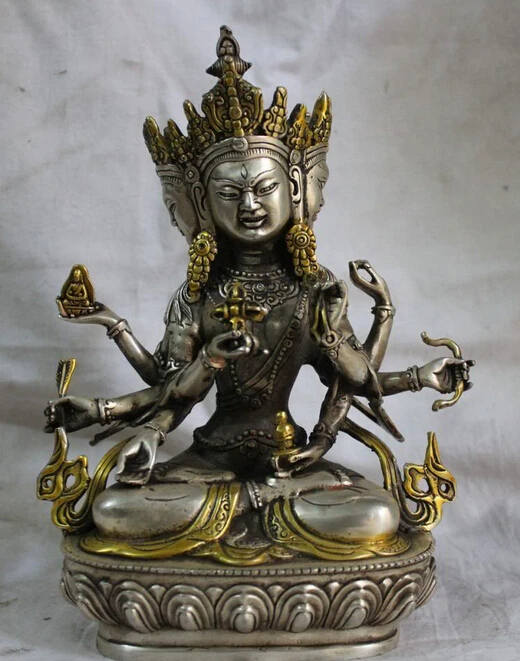

8" Tibet Buddhism Silver 3 Head 8 Arms Namgyalma & Ushnishavijaya Buddha Statue R0710
