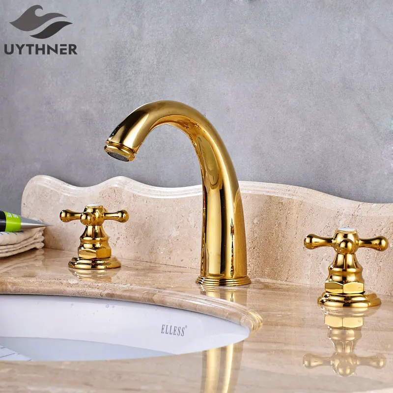 

Uythner 3pcs Golden Arc-shaped Basin Faucet Double Crossed Handle Mixer Tap Factory Direct Sales