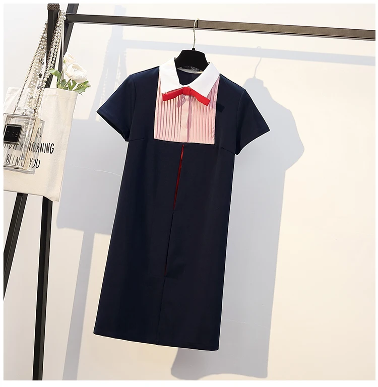 

M--4XL PLUS SIZE Korean lady red bow pleated color block short sleeve chiffon dress