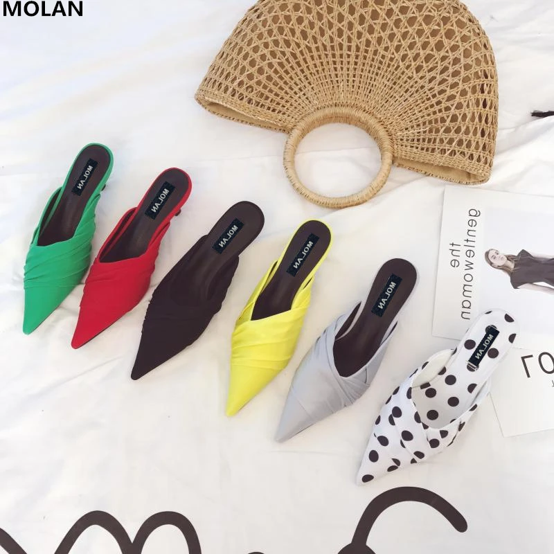 

MOLAN Brand Designers 2019 Summer Luxury PLeated Silk Shoes Woman Med Thin Heels Pumps Lady Slip On Loafers Mules Flip Flops