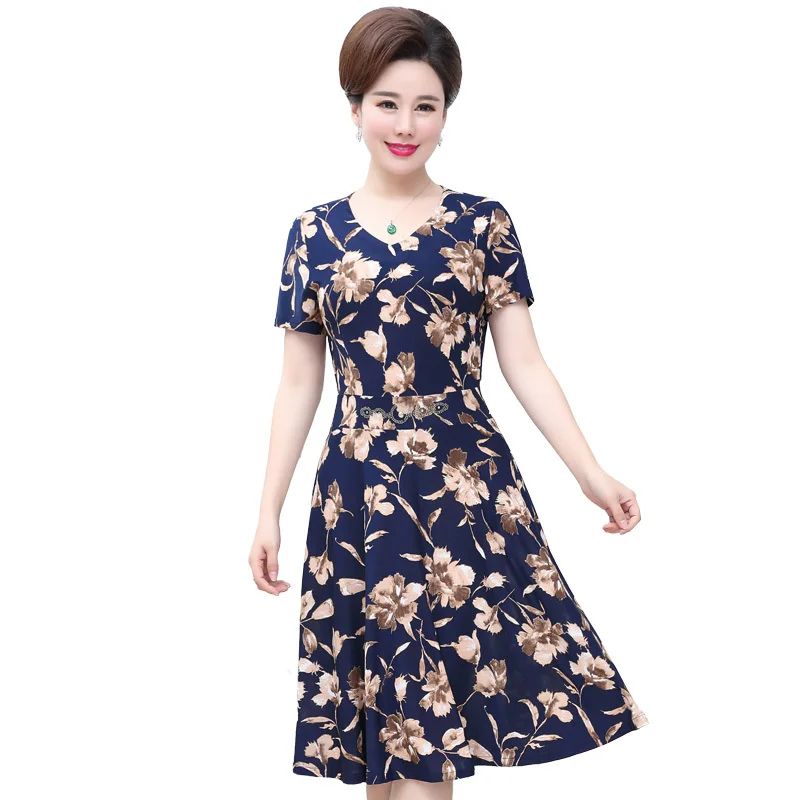 

Middle Aged Women Summer Dress Fashion V Neck Slim Short Sleeve Floral Print Party Dresses Vestidos Plus Size 5XL