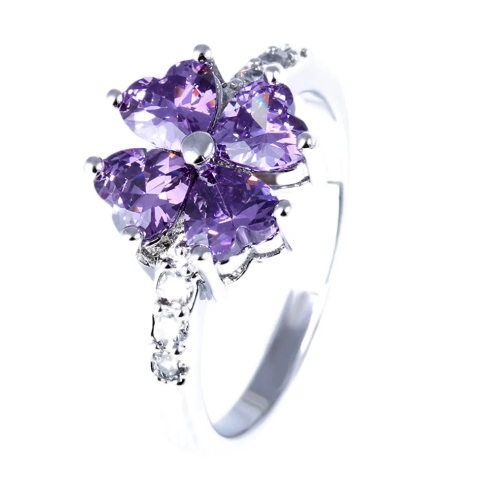 

Fashion Purple Love Heart Crystal Women Rings Wedding Accessories Silver Plated Rhinestone Ring