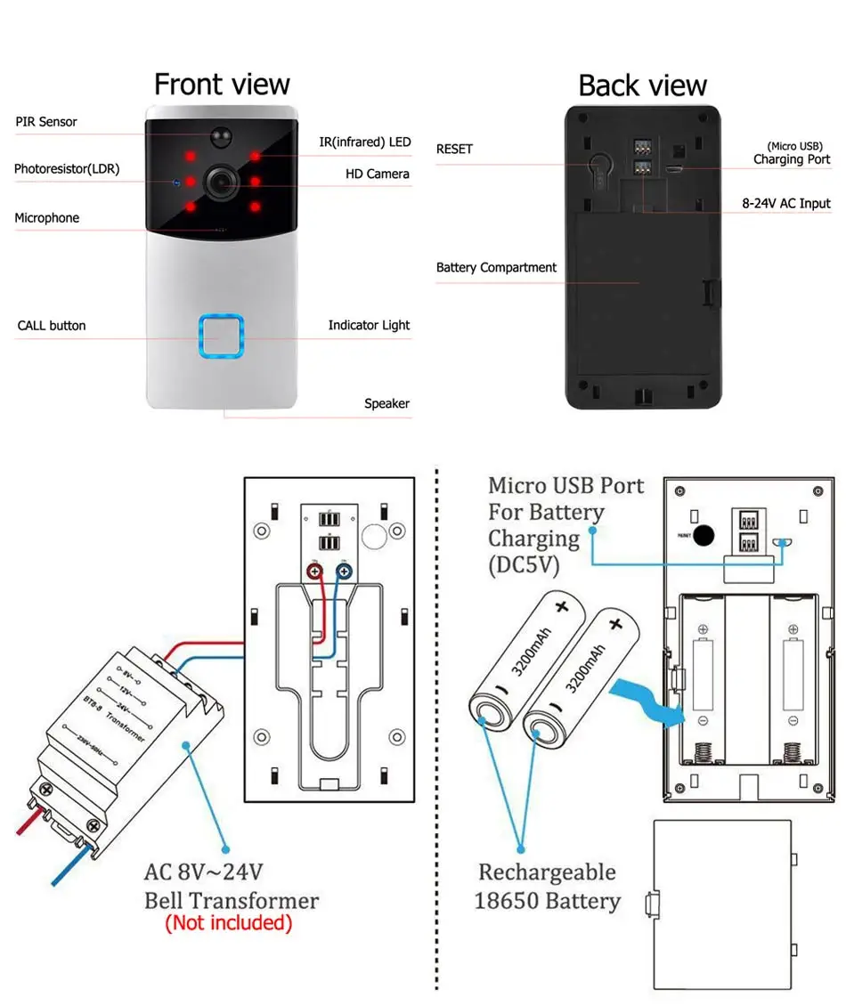 WiFi Smart Video Doorbell Camera Wireless Home Security Camera Door Bell Two-way Audio Intercom Record Night Vision Door Phone audio intercom