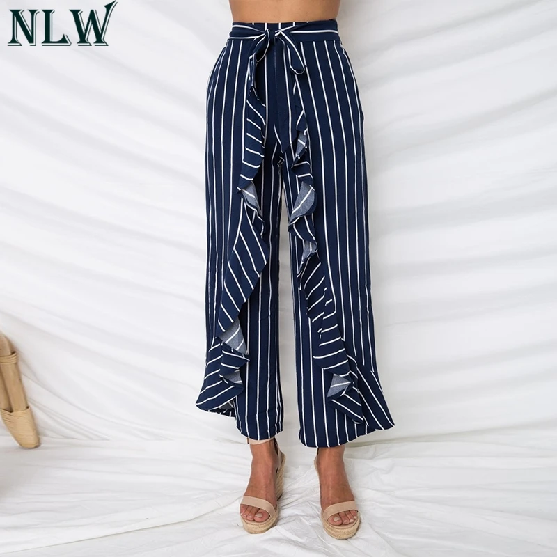 

NLW Striped Ruffle Chiffon Pants Summer Capris Eleatic Waist Belt Side Zipper 2018 Women Girl Street Style Casual Pants Bottoms