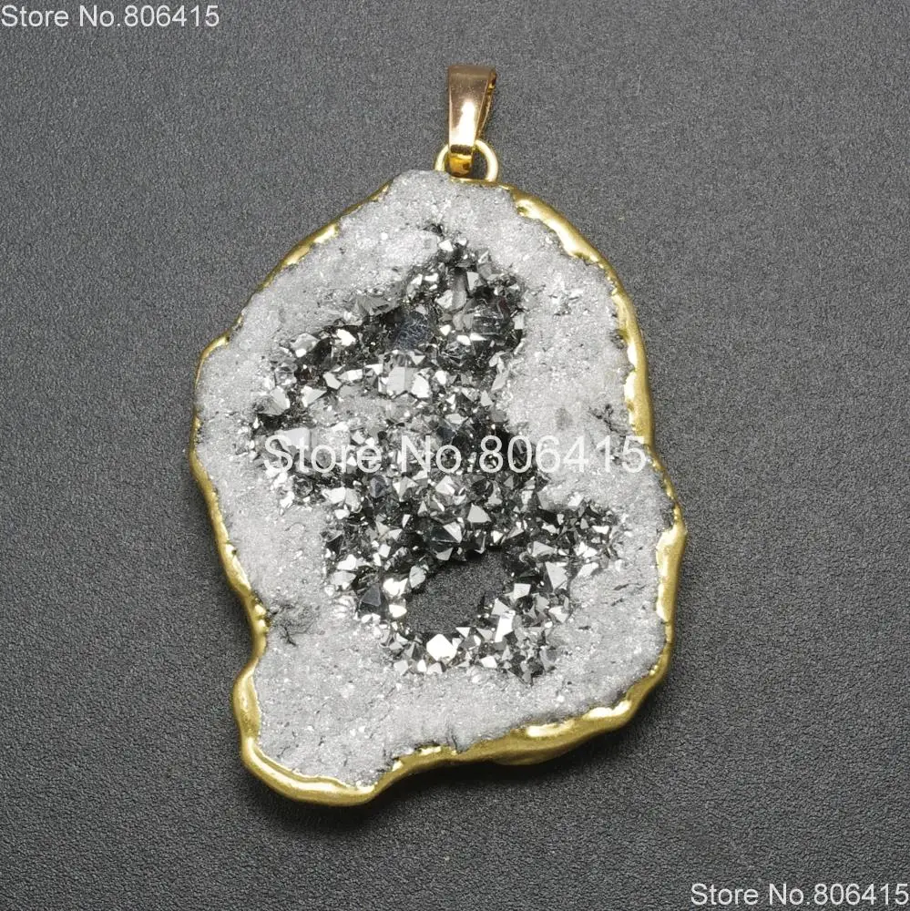 

Natural Metallic Silver Druzy Quartz Aga-te Geode Gems Stones Nugget Pendant Healing Reiki Chakra Necklaces Beads Gold 3Pcs