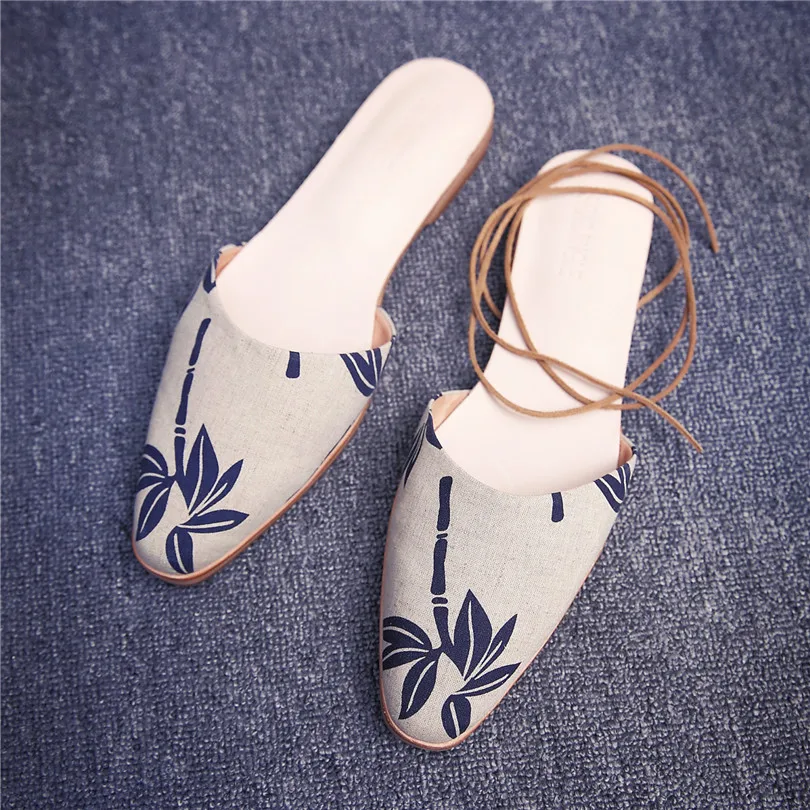 

2017 New Style Hot Sale Outside Spring&Autumn Ankle Strap Bamboo Leaves Printed Basic Cozy Comfortable Flats Lace Up Shoes Women