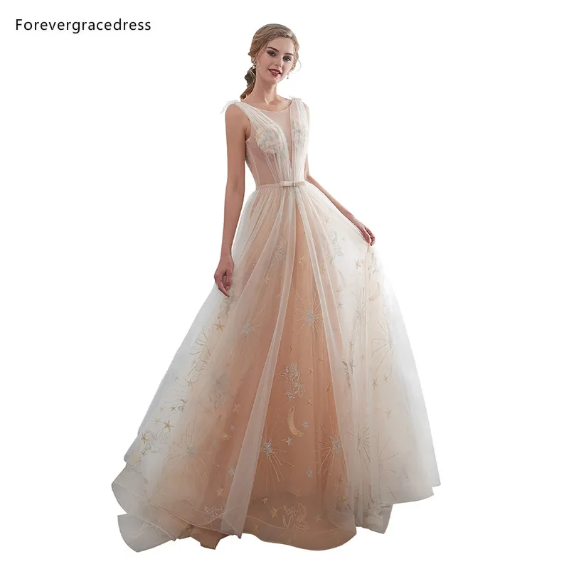 Платье для свадьбы Forevergracedress цвета шампанского а-силуэта с открытой спинкой со