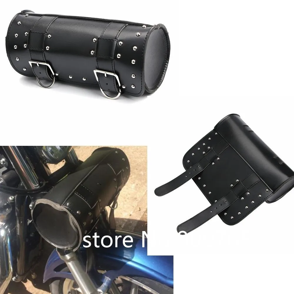 Motorcycle Black PU Leather Tool Bag Handlebar Sissy Bar Saddlebag Roll