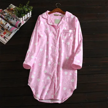 

Women Print Cotton Long Sleeve Sleepshirts Pattern Irregular Button Turn-Down Collar Women's Night dress Pink Autumn Sleepwear
