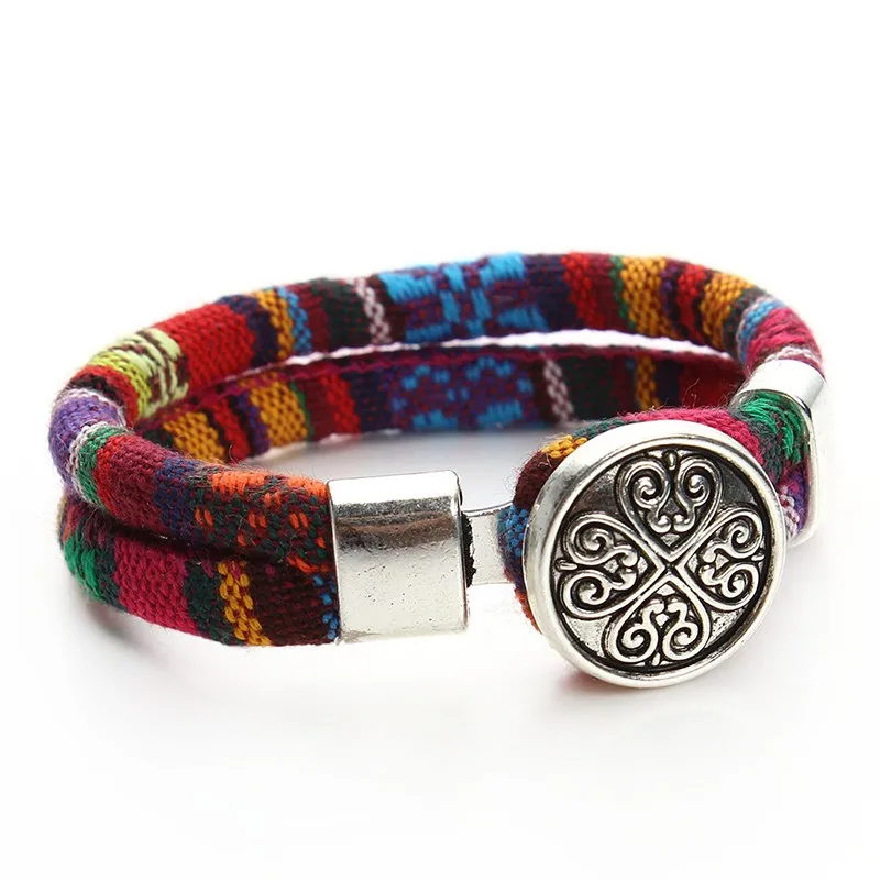 Богемные многоцветные хлопковые браслеты из шнуров Тибетский серебристый цвет этнические обертывания цветок кнопки браслет ювелирные изделия