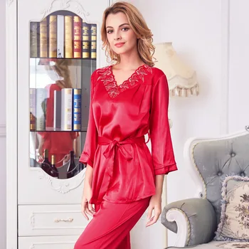 

2019 Spring Summer Two Piece Pajamas Set For Women Sexy Silk Satin Sleepwear Pyjamas Suit Slim Belt Ladies Homewear Pijama Mujer