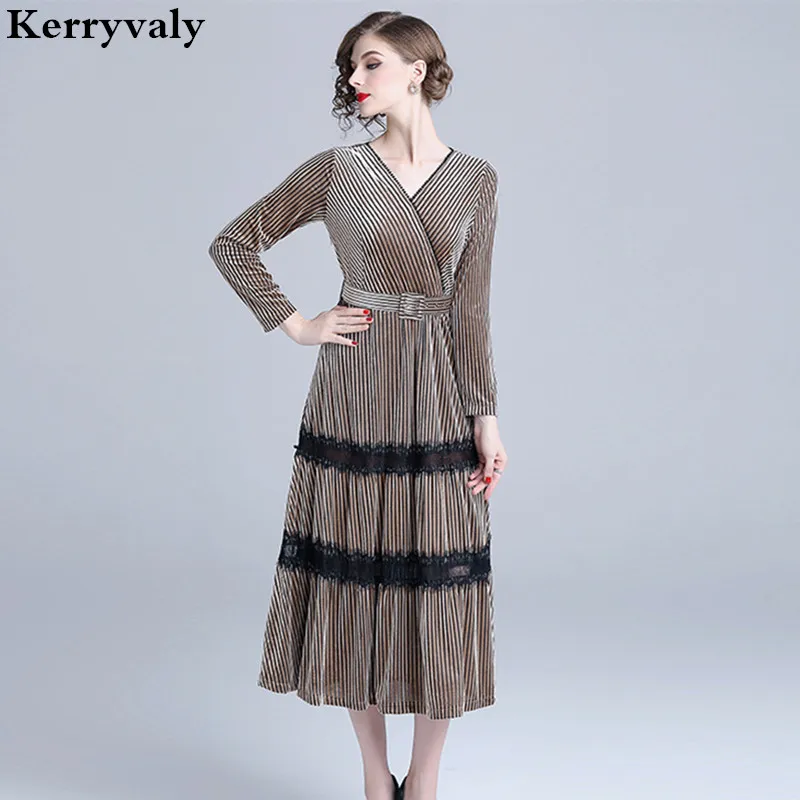 

OL Long Sleeve Maxi Winter Dresses Women 2019 V-neck Long Party Lace Velvet Dress Vestido Longo Robe Longue Femme K325