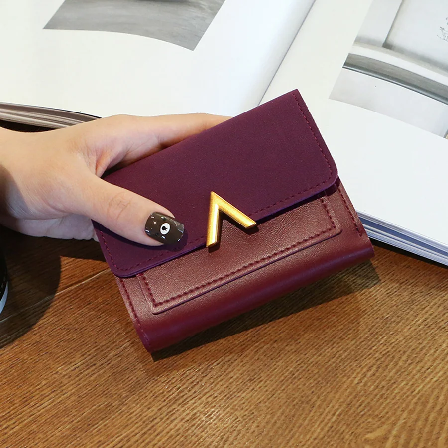 Solid Leather Small Women Wallet Mini Ladies Metal V Purses Short Female Coin Purse Credit Card Holder Wallets for Women B246