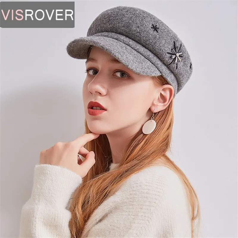

VISROVER New Solid Visor Military Hat Autumn Winter Vintage Wool Warm Beret Cap For Women England Style With Stone Flat Cap