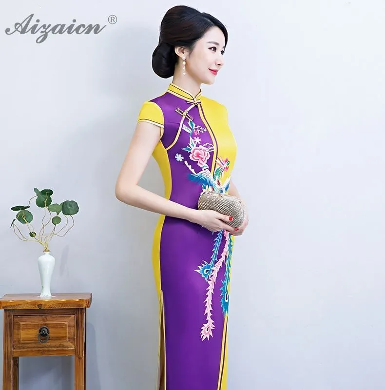Сезон: весна-лето новый Cheongsam для женщин китайское традиционное платье Qipao двойной цвет Embriodery шелк платья для Модные вечерний наряд