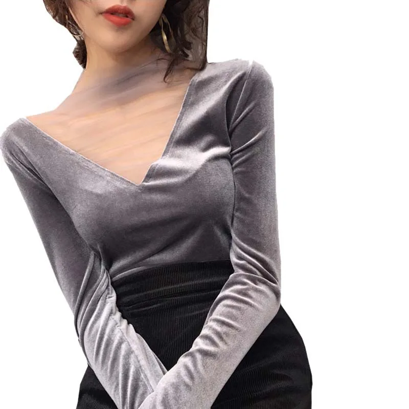 2019 для женщин футболка мода сетки шить бархатная футболка Осень футболка с длинным рукавом корейский повседневное одноцветное Топы