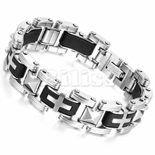 8." Мода мужской крест браслет Для мужчин браслет мотоцикл цепь браслет Серебряный Нержавеющая сталь черный силиконовый Pulseira Masculina