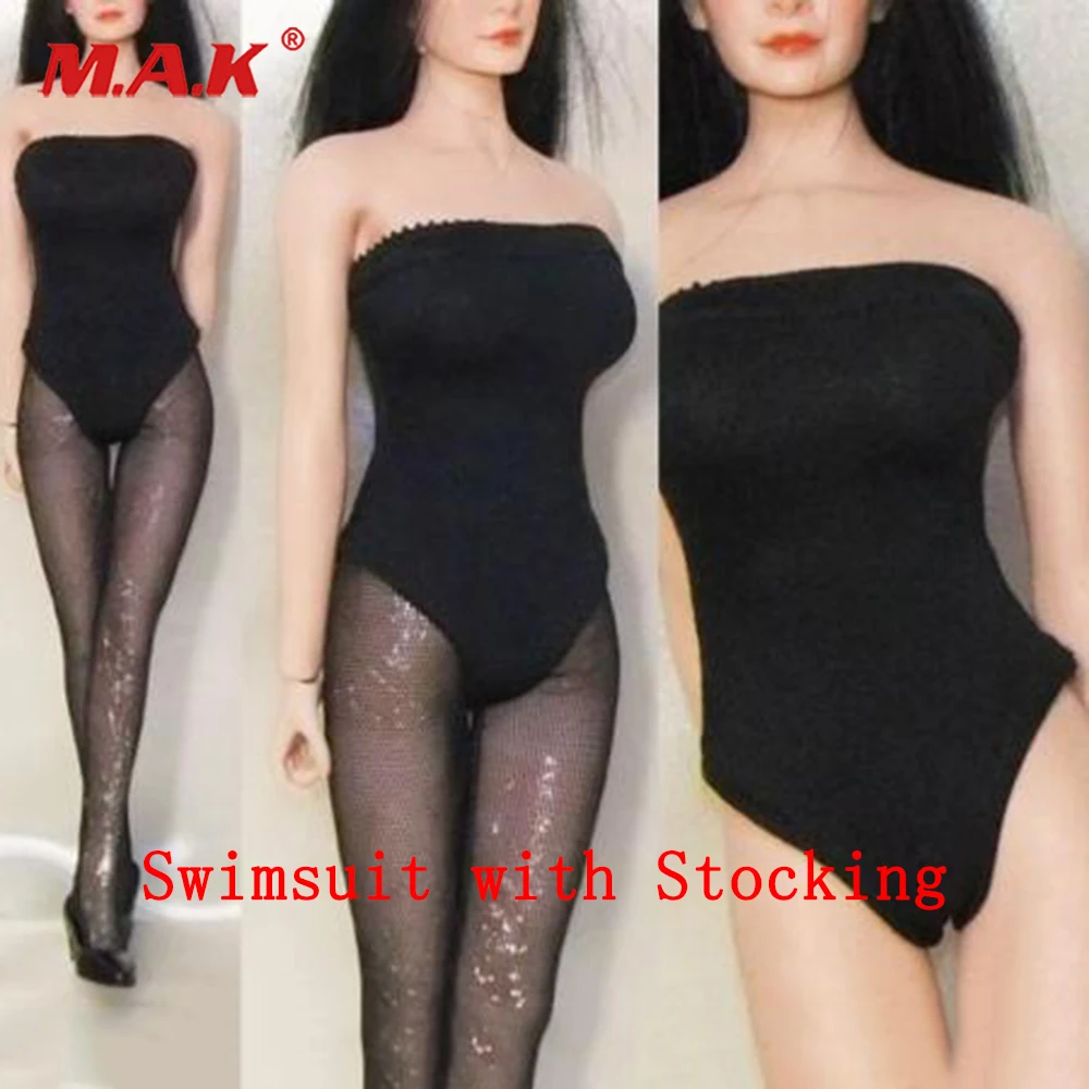 

1/6 Female Clothes Black Corset Bikini Clothing Set Swimsuit with Stocking for 12'' Large Breast Figure