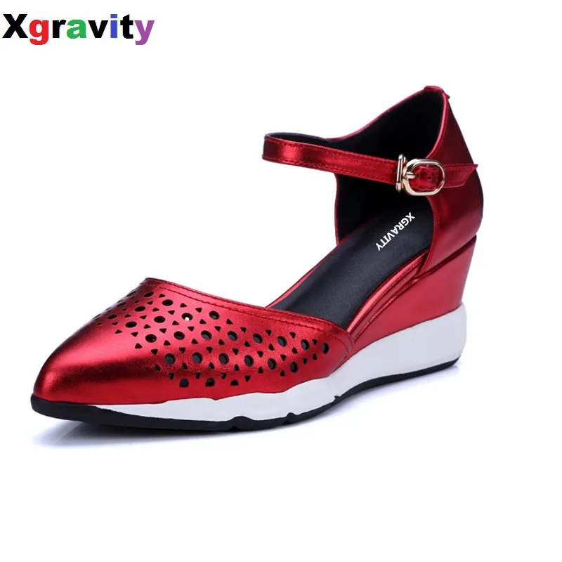 

Hollow Design Genuine Leather Lady Fashion High Heel Closed Point Toe Dress Shoes Elegant Women's Sandals Sexy Wedge Shoes B275