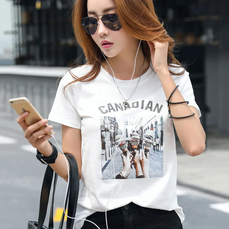 

Women's new round neck short-sleeved T-shirt Ice cream printing Korean version of the loose cotton top.