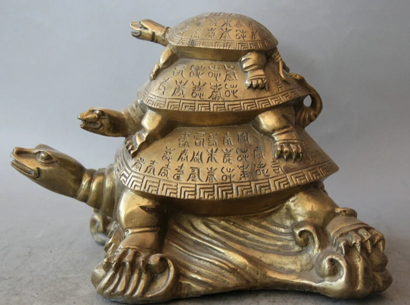 

S5741 9" China Brass Folk Animal word Mother and son tortoise Turtle sculpture Statue D0317