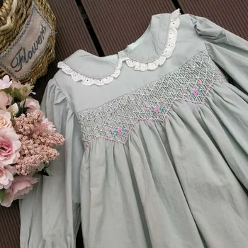 

in stock 3T Baby girls dress smocking embroidered Peppermint Green Peter pan collar fashion sweet infant dress