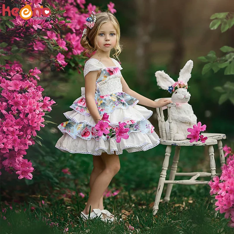 

Boutique Style Girls Summer Flower Lace Dress Pom Pom Baby Ruffle Layered Dress Kids Birthday Party Pageant Prom Clothes