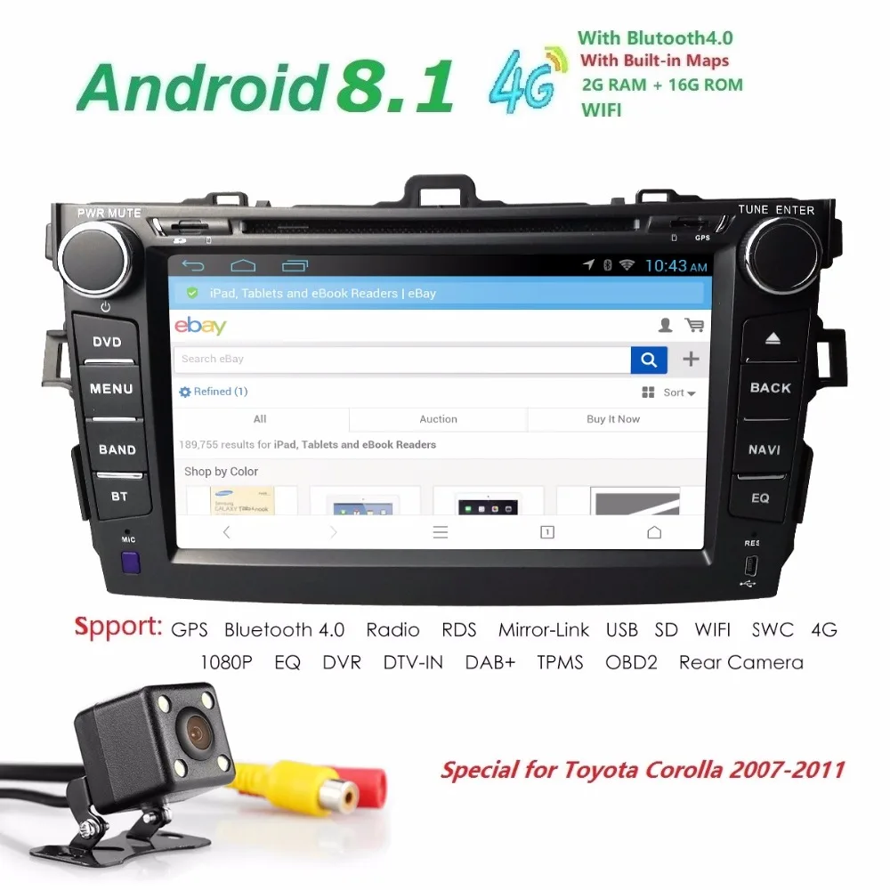 

Android 8.1 8inch Display Car DVD Player For Toyota corolla 2007-2011 in-dash car radio 4CORE 2G+16G BT USB SD GPS Navi DAB CAM