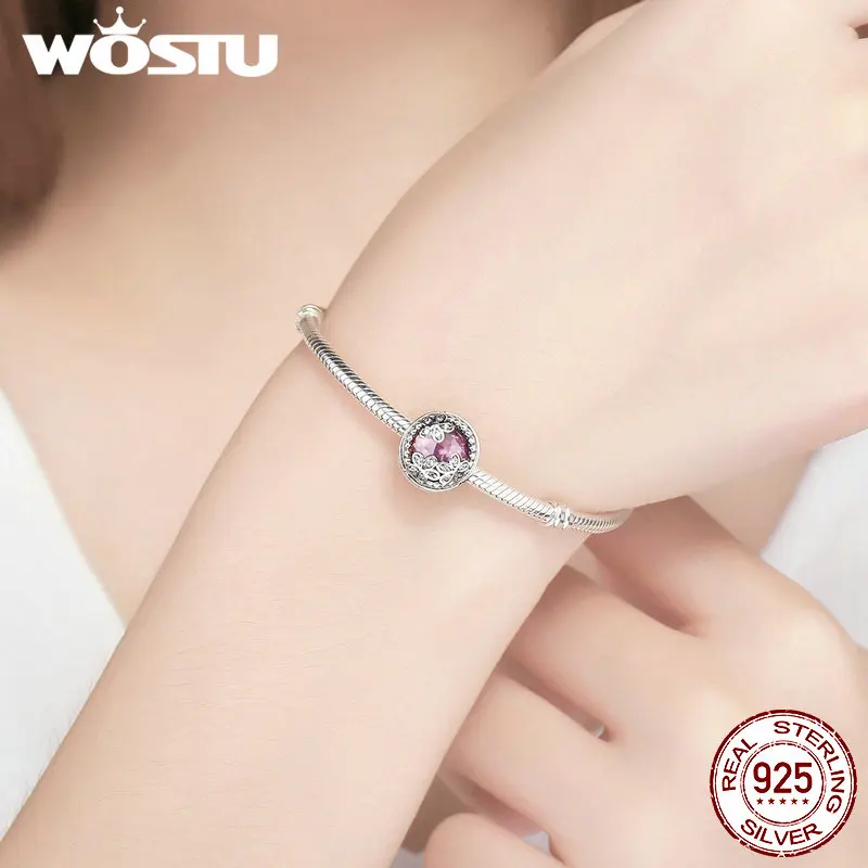 WOSTU высокое качество 925 пробы серебро Элегантные цветы розовый синий CZ Бусины Подходят браслет ювелирные изделия подарок C878