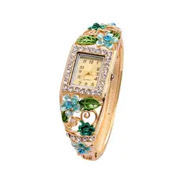 Топ Роскошные известный бренд Для женщин часы зеленый цветок эмаль со стразами модные женские часы Relogio Feminino