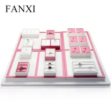 FANXI DHL Express Shipping Custom size and logo high quality MDF wrapped with white and pink leather ring jewelry display set