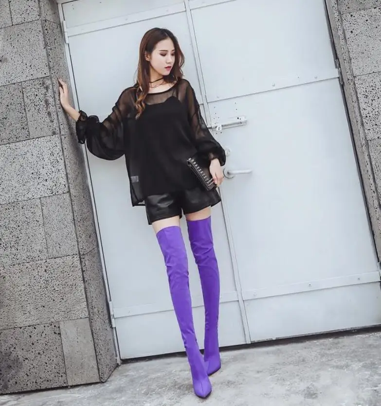 Altos Ultra lavanda Europeo Americano negro Martin Otoño Y E Rodilla Beige Elástico Talones Satén Punta Invierno Nuevo púrpura pqpXvnxzT