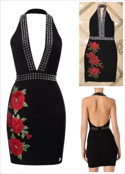 

High Quality Black Flower Appliques Vneck Beading Rayon Bandage Dress Evening Party Bodycon Dress
