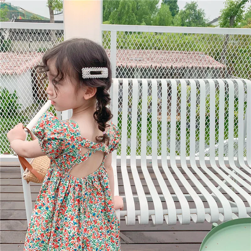 Новое летнее платье для девочек детская одежда с цветочным принтом платье с открытой спиной Открытое платье в стиле ретро LZ301