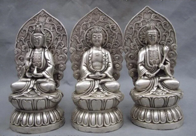 

8" Tibet white Copper silver Three Saints of the West Kwan-Yin buddha Statue Set