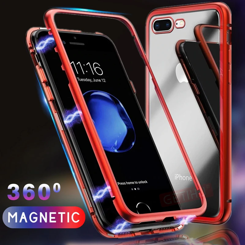 GETIHU Magnetic Phone Case Magnet Metal Cover Tempered Glass Back Protector For iPhone XS Max XR X 8 Plus 7 6 6S |