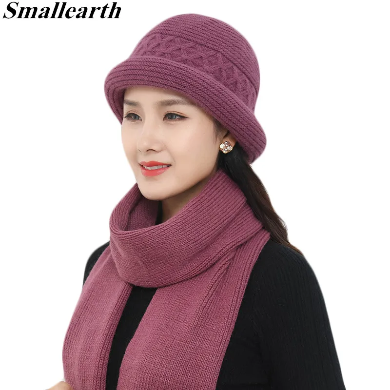 

2 Pieces Set New Winter Rabbit Fur Hat And Scarf For Women Girl Cotton Thick Caps Female Winter Casual Solid Color Knitted Hat