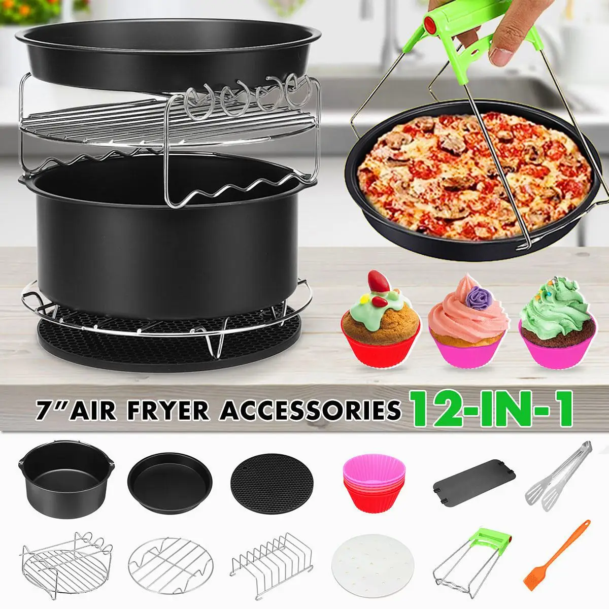 

12Pcs/Set 7inches Air Fryer Accessories Chips Baking Pan Set Cooking Tool Baking Kitchen Tools For 3.2-6.8QT Air Fryer Newest