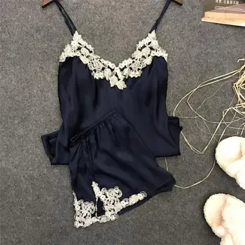 

Red Sexy Summer Lace Women Pajamas Sleepwear for Women Sleeveless Strap Pyjamas Satin Top + Shorts Pajamas Sets Nightwear 946