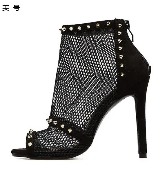 

2018 Spring Autumn Womens Boots Flock Breathable Mesh Rivet Rome Ladies Open Toe High Heels 11cm Fashion Fishing Net Boots Pumps