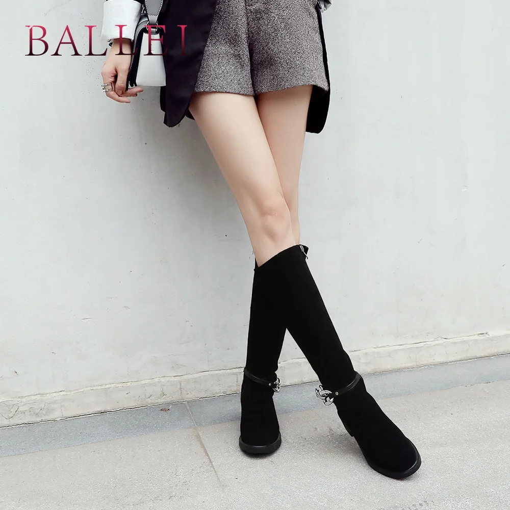 

BALLEI Vintage Woman Winter Mia-calf Boot Handmade Cow Suede Solid Round Toe Low Heel Shoes Fashion Zipper Chain Warm Boots H35