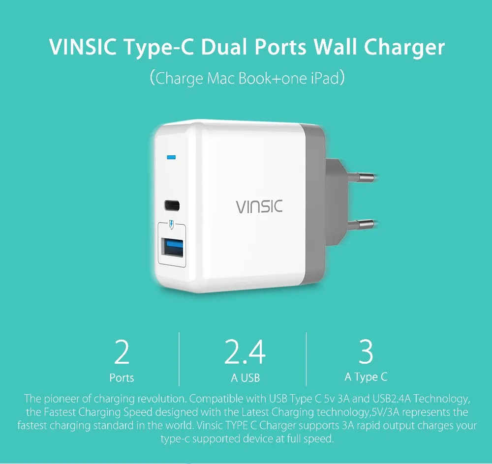 Vinsic 2-портовое USB C type C настенное зарядное устройство с мощностью 18 Вт и мощностью 12 Вт IQ, порт питания PD 2, светодиодный индикатор для iPhone, iPad