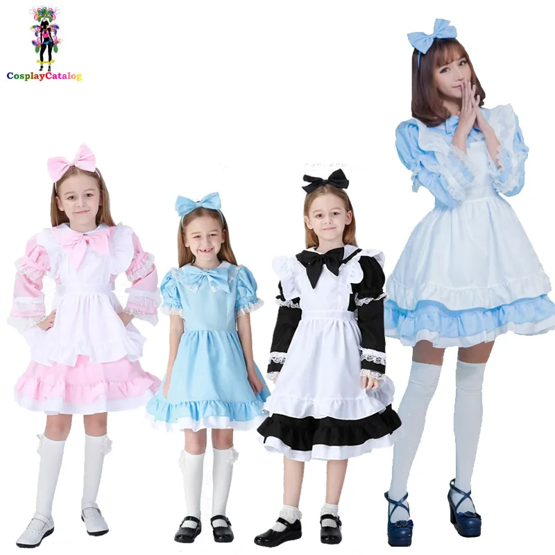 Черный/розовый/синий Алиса в стране чудес Хеллоуин костюм для женщин платье горничной для детей Лолита фантазийный, для карнавала костюмы высокий 90-170 см
